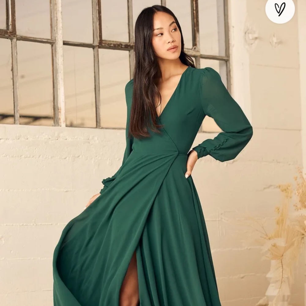 Lulu’s My Whole Heart Emerald Green Long Sleeve Wrap Dress